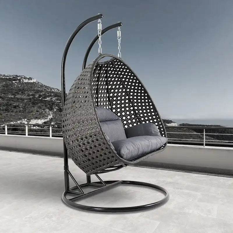 LeisureMod fauteuil œuf suspendu 2 personnes avec support - balancelle hamac d'extérieur / intérieur en rotin tressé avec coussins
