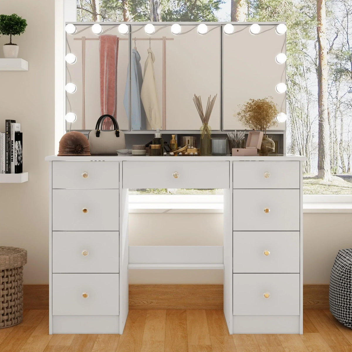 Coiffeuse de maquillage avec miroir triptyque, certifiée, éclairage, dessus en verre, commode