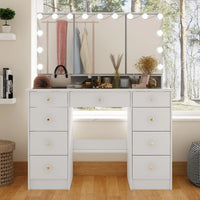 Coiffeuse de maquillage avec miroir triptyque, certifiée, éclairage, dessus en verre, commode