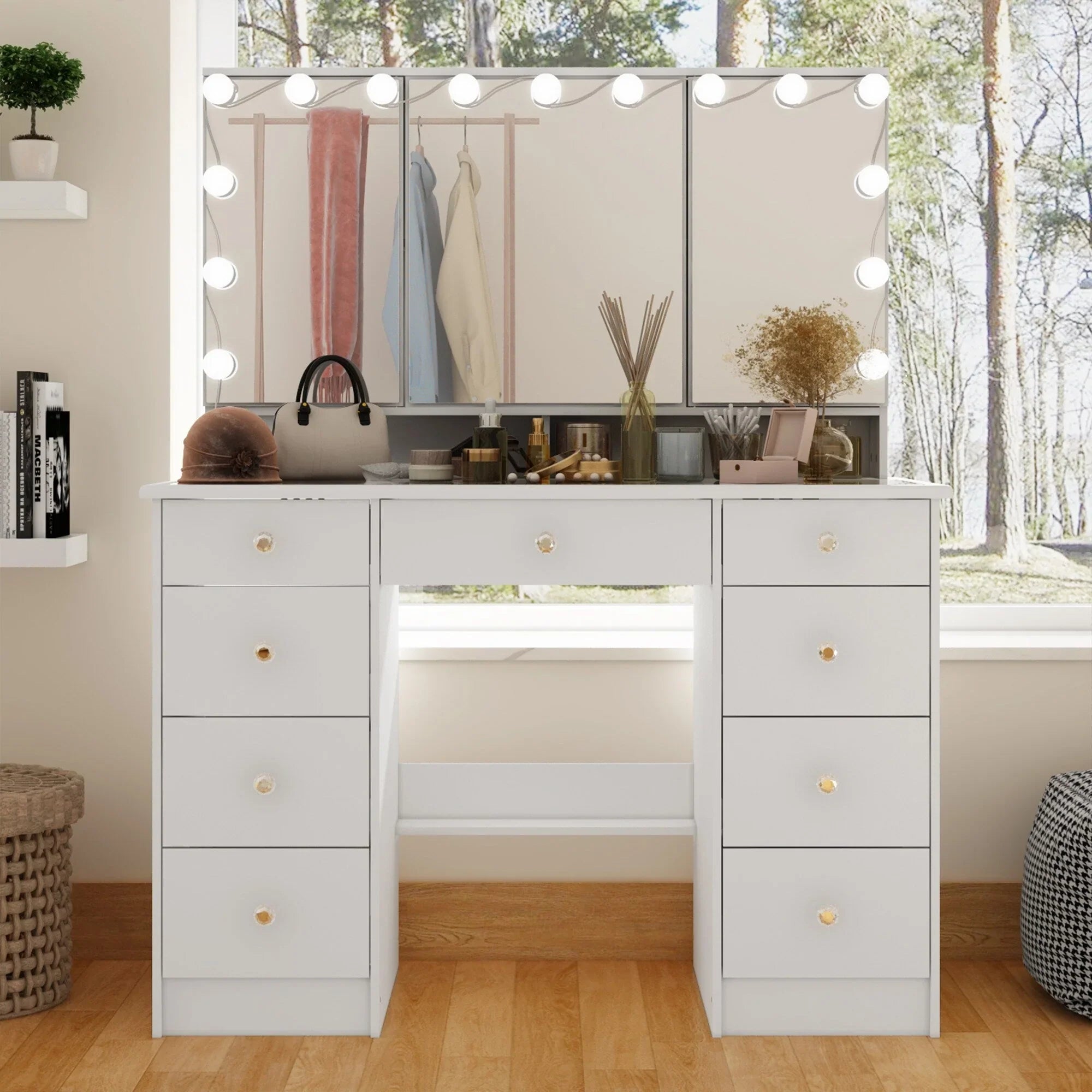 Coiffeuse de maquillage avec miroir triptyque, certifiée, éclairage, dessus en verre, commode