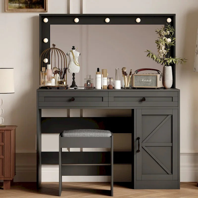 Roomfitters Coiffeuse de maquillage fermette avec éclairage, bureau coiffeuse avec porte de grange, table de maquillage 2 tiroirs avec miroir éclairé