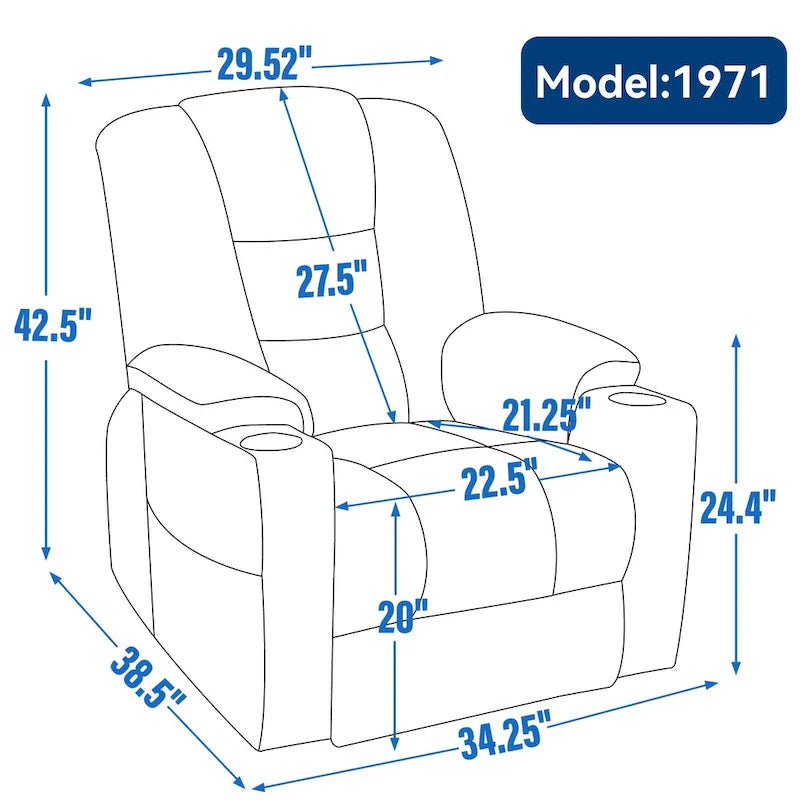 Fauteuil releveur électrique avec massage et chauffage, fauteuils inclinables larges rembourrés Lazy Boy avec USB, ports Type C et 2 porte-gobelets en acier