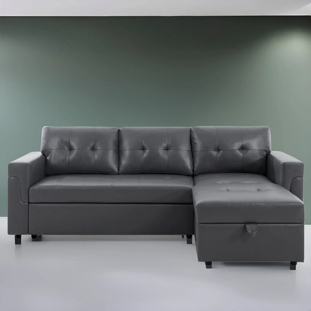 Canapé sectionnel réversible avec lit escamotable, méridienne de rangement dissimulée, pieds durables,