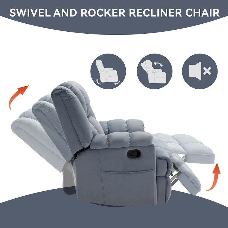 Fauteuil Inclinable Pivotant à Bascule en Tissu Lazy Boy, Grand Fauteuil Inclinable Manuel Surdimensionné avec Accoudoirs Matelassés et Dossier à Coussin