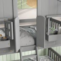 Lit superposé cabane jumeau sur jumeau avec toit, fenêtre, jardinière, porte, barrières de sécurité et échelle, gris