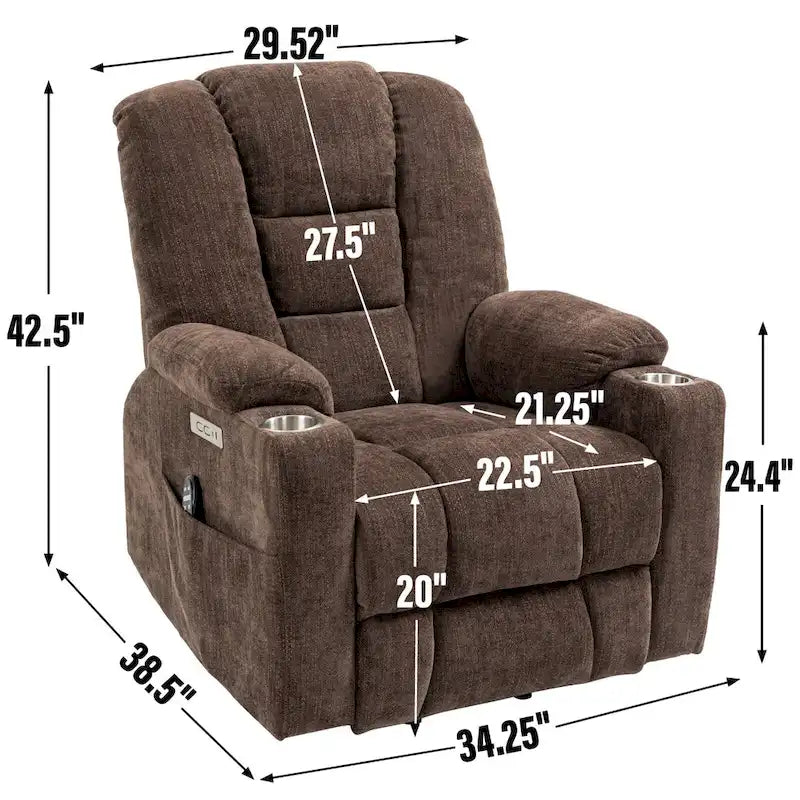 Fauteuil releveur électrique avec massage et chauffage, fauteuils inclinables larges rembourrés Lazy Boy avec USB, ports Type C et 2 porte-gobelets en acier