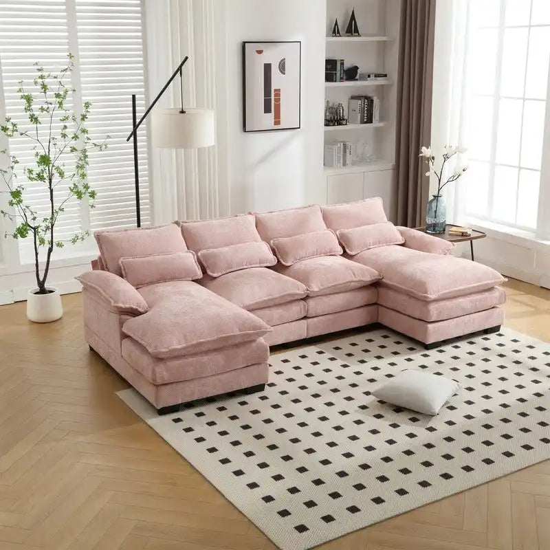 Canapé Sectionnel Canapé Nuage pour Salon, Canapé Moderne Forme U en Chenille/Bouclette, Canapé-Lit Modulable Confortable avec Double Méridienne