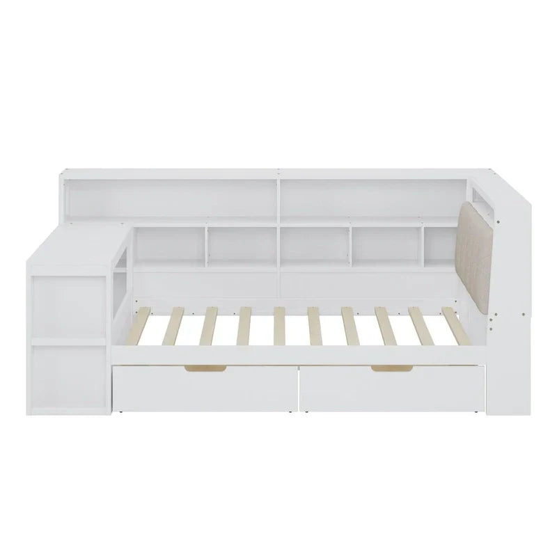 Canapé lit de jour en bois en forme de L avec bureau, bibliothèque, lit d'angle avec tiroirs sous le lit, tête de lit tapissée et éclairage intégré