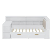 Canapé lit de jour en bois en forme de L avec bureau, bibliothèque, lit d'angle avec tiroirs sous le lit, tête de lit tapissée et éclairage intégré
