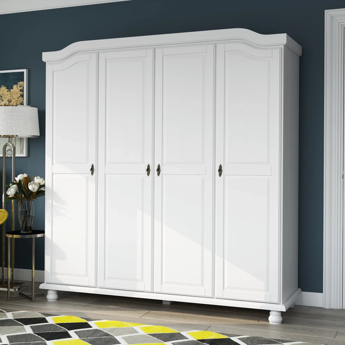 Palace Imports Armoire-penderie Kyle 4 portes 100% bois massif avec portes en bois massif ou miroir