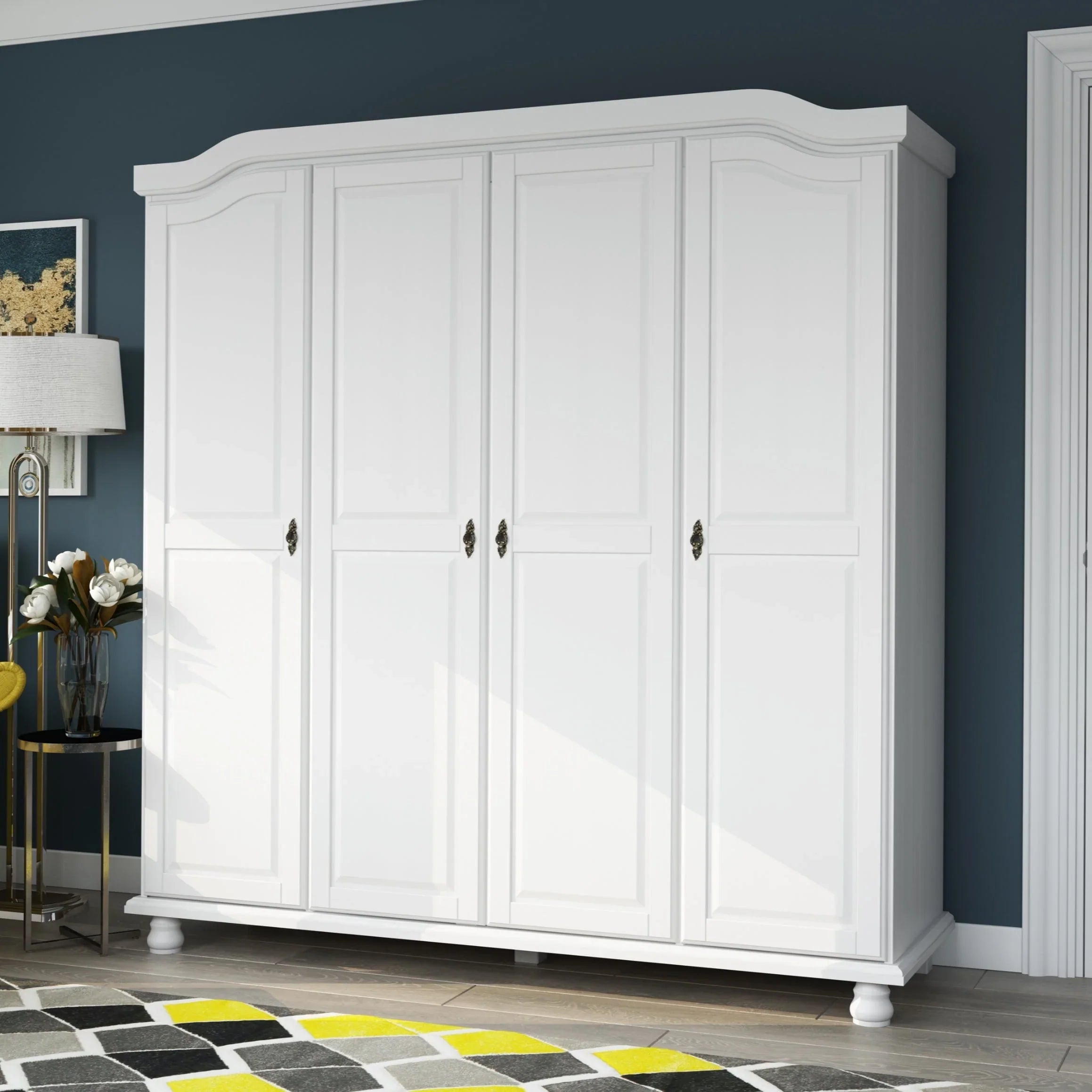 Palace Imports Armoire-penderie Kyle 4 portes 100% bois massif avec portes en bois massif ou miroir