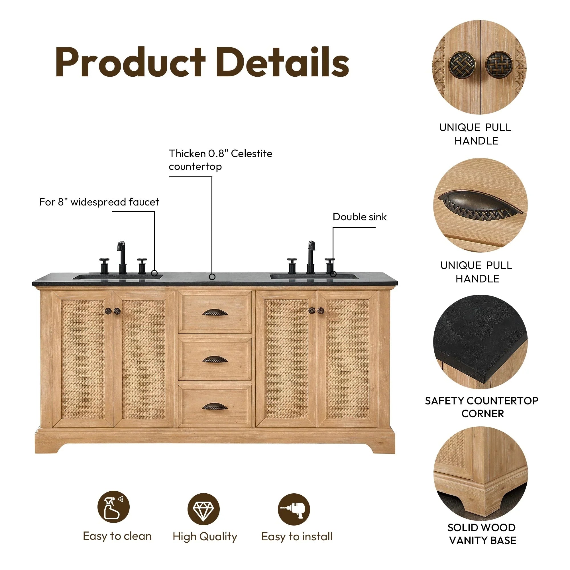 Hervas Meuble-lavabo avec dessus en marbre naturel sans miroir