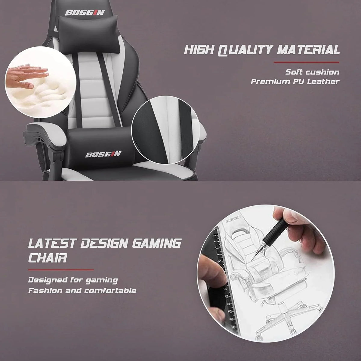 BOSSIN Chaise de gaming style racing, chaise de gamer grande et haute 300 lb à dossier haut chaise informatique