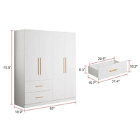 Armoire penderie autoportante de 63 pouces de large avec tiroirs