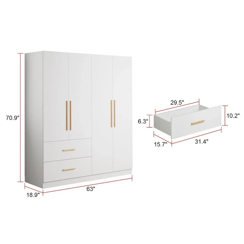 Armoire penderie autoportante de 63 pouces de large avec tiroirs