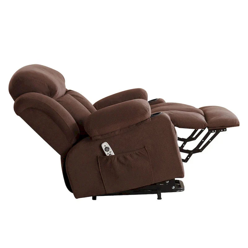 Fauteuil releveur électrique gris avec massage chauffant, charge USB, télécommande et poches latérales pratiques pour seniors