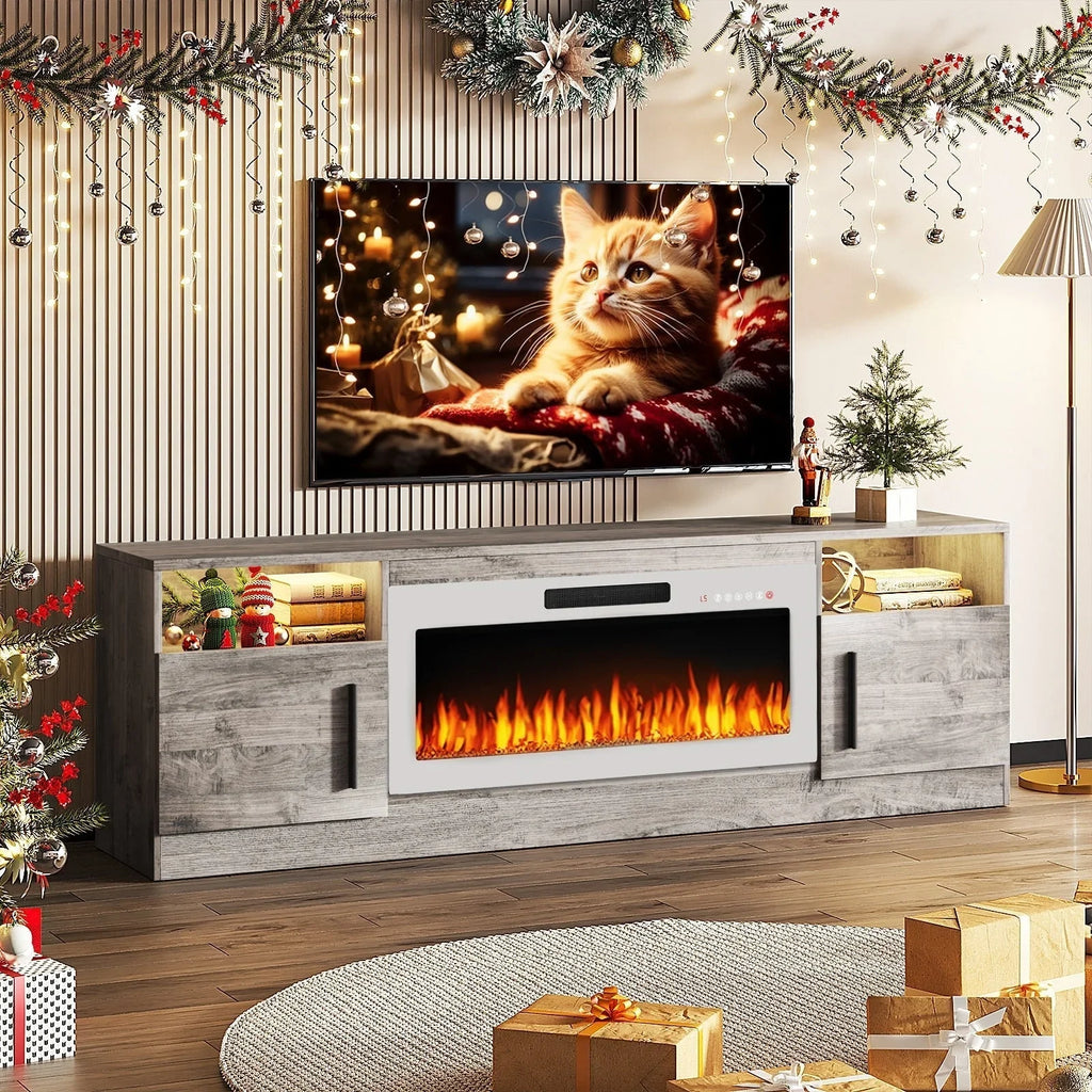 Bossin Meuble TV avec foyer 70 avec foyer électrique 36, meuble TV pour téléviseurs jusqu'à 80, LED 16 couleurs/meuble de divertissement