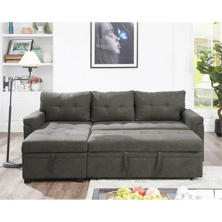 Canapé sectionnel convertible réversible avec lit escamotable, méridienne de rangement dissimulée et pieds durables