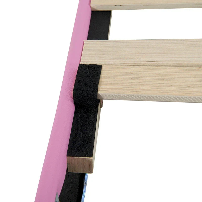 Cadre de lit simple rembourré avec éclairage LED, lit de princesse moderne à tête de lit en couronne, un tiroir, rose+blanc