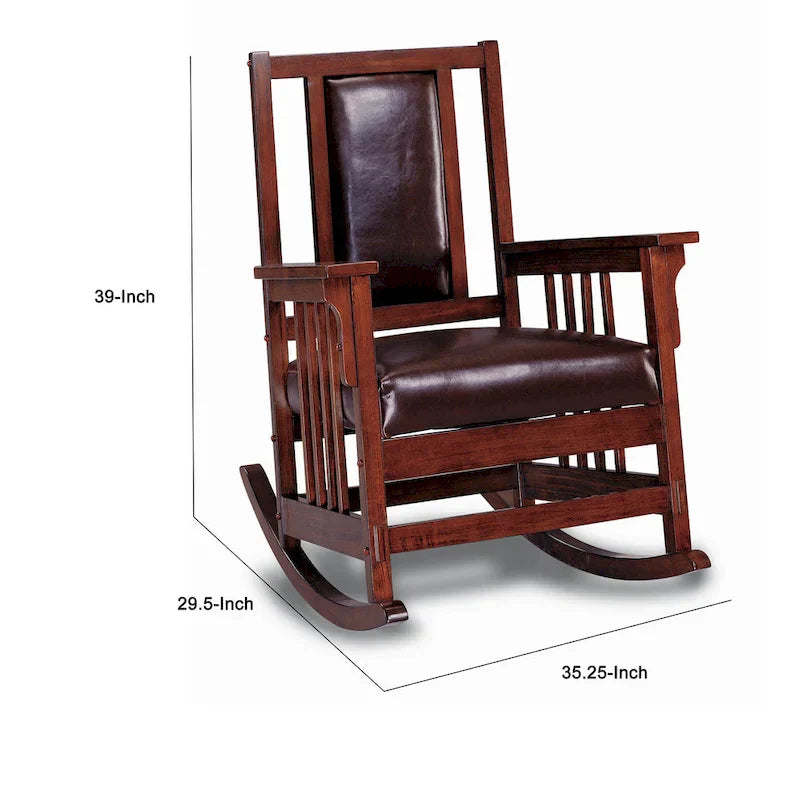 Chaise berçante de style Mission, assise et dossier rembourrés en cuir, tabac et brun foncé