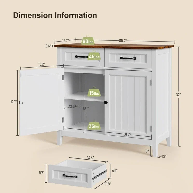 Buffet de cuisine avec 2 tiroirs, meuble de rangement, console de café, meuble d'entrée en bois avec placard à double porte