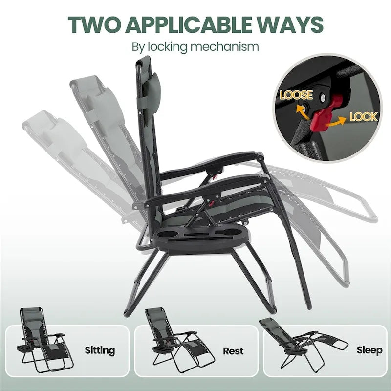Yaheetech Lot de 2 chaises zéro gravité d'extérieur rembourrées 26in, chaise longue de patio de camping avec accoudoirs et oreiller