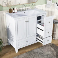 Meuble-lavabo de 36 pouces avec chargement USB, évier en résine, cadre en bois massif, 3 tiroirs de rangement