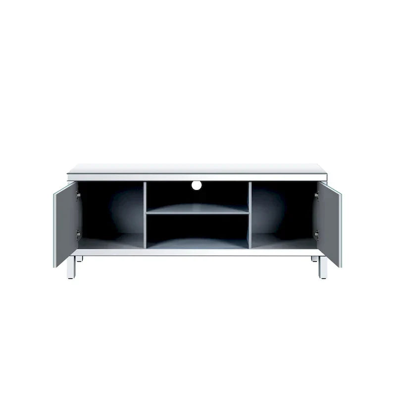 Meuble TV de 150 cm avec portes miroir en losange et rangement pour téléviseurs jusqu'à 65 pouces