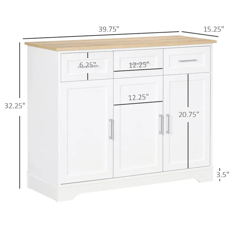 Meuble de Rangement Buffet de Cuisine Blanc avec 3 Tiroirs et Étagère Réglable