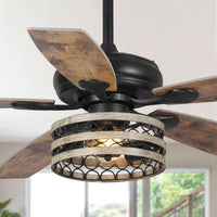 Ventilateur de plafond cage noir 52 style ferme bois flotté 5 pales avec télécommande
