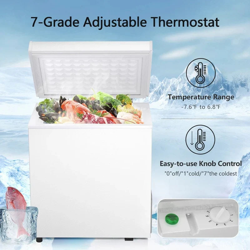 Congélateur coffre 1.8 pi³ avec panier amovible, drain inférieur, thermostat 7 niveaux, conception autonome pour maison et appartement