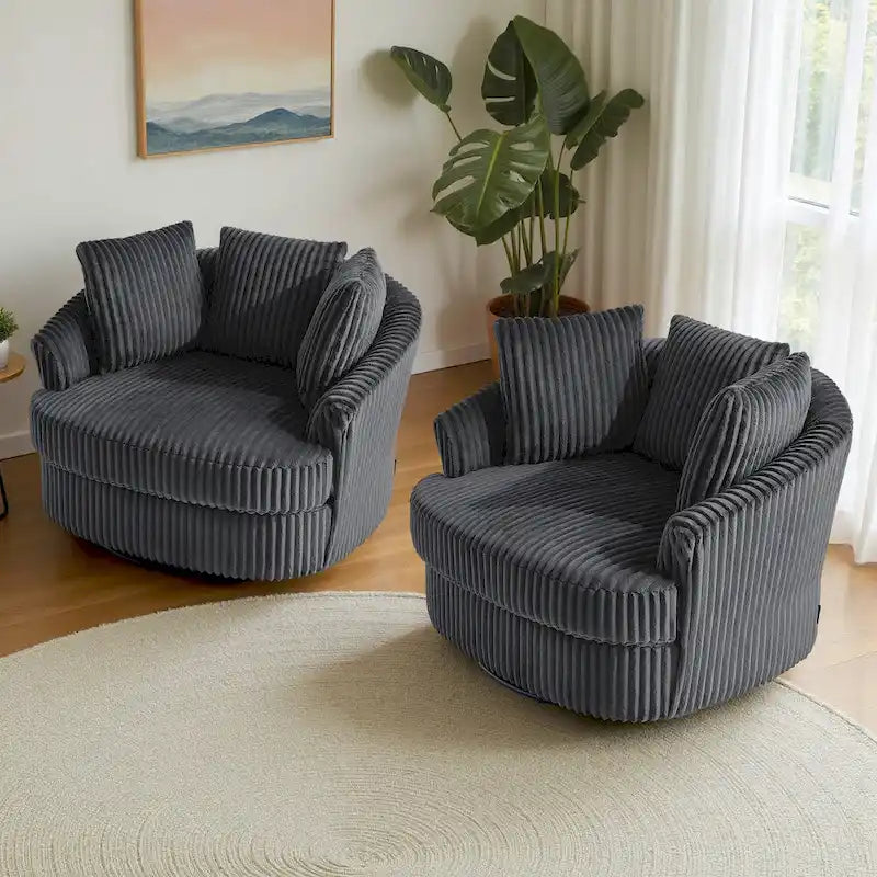 Lot de 2 fauteuils tonneau pivotants surdimensionnés 43 W en velours côtelé moelleux avec coussins