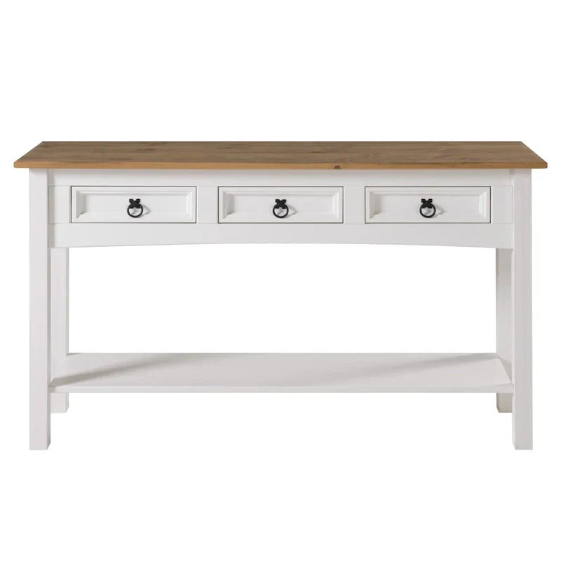 Console de couloir rustique en pin massif, blanc cérusé / marron antique / gris cérusé / non peinte, 3 tiroirs