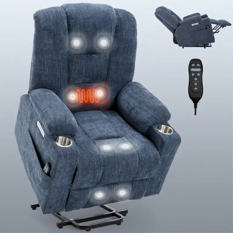 Fauteuil releveur électrique avec massage et chauffage, fauteuils inclinables larges rembourrés Lazy Boy avec USB, ports Type C et 2 porte-gobelets en acier