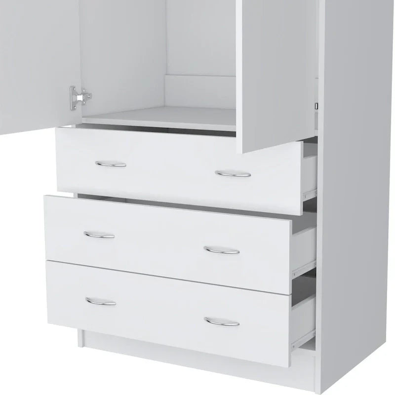 Armoire moderne à double porte 19 avec 3 tiroirs et 1 tringle de suspension pour chambre