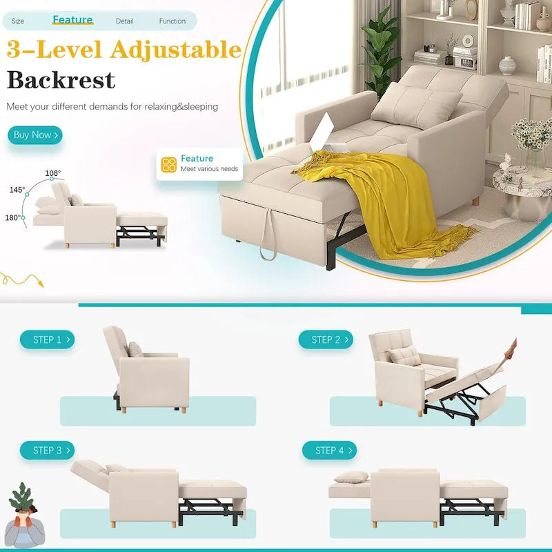 AECOJOY - Fauteuil convertible 3 en 1 avec coussin et dossier inclinable