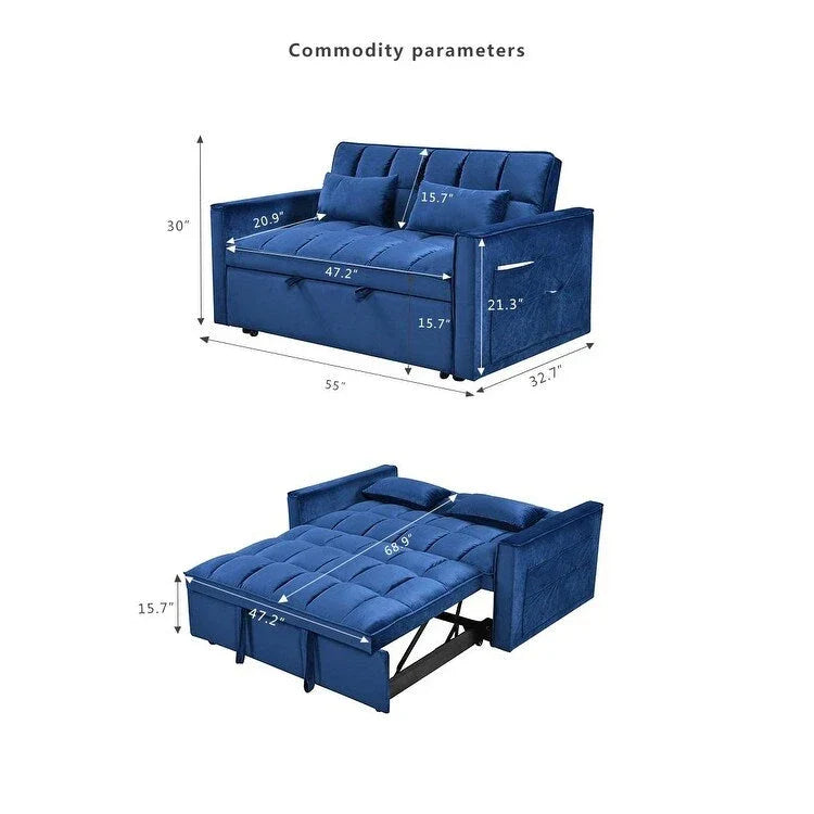 Causeuse de futon moderne en velours avec dossier inclinable et poches, 2 places – Gris foncé / Gris clair / Bleu / Noir