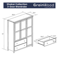 Grain Wood Furniture Armoire Shaker en bois à 3 portes - 60x72x22