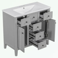 Meuble-lavabo avec vasque en céramique, deux placards et cinq tiroirs