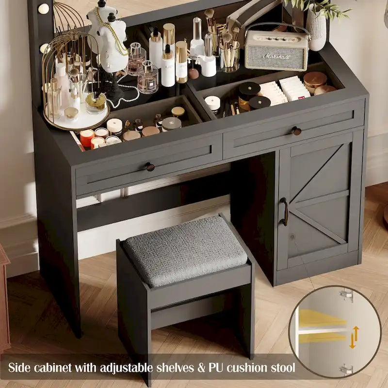 Roomfitters Coiffeuse de maquillage fermette avec éclairage, bureau coiffeuse avec porte de grange, table de maquillage 2 tiroirs avec miroir éclairé