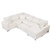 Canapé sectionnel en chenille avec canapé-lit escamotable, canapé-lit en forme de L avec ottoman de rangement, 3 coussins et prises de charge