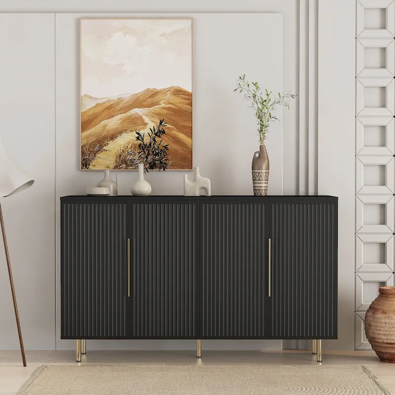 Meuble buffet à portes décoratives cannelées, buffet en bois avec poignées métalliques, armoire de rangement avec étagères réglables