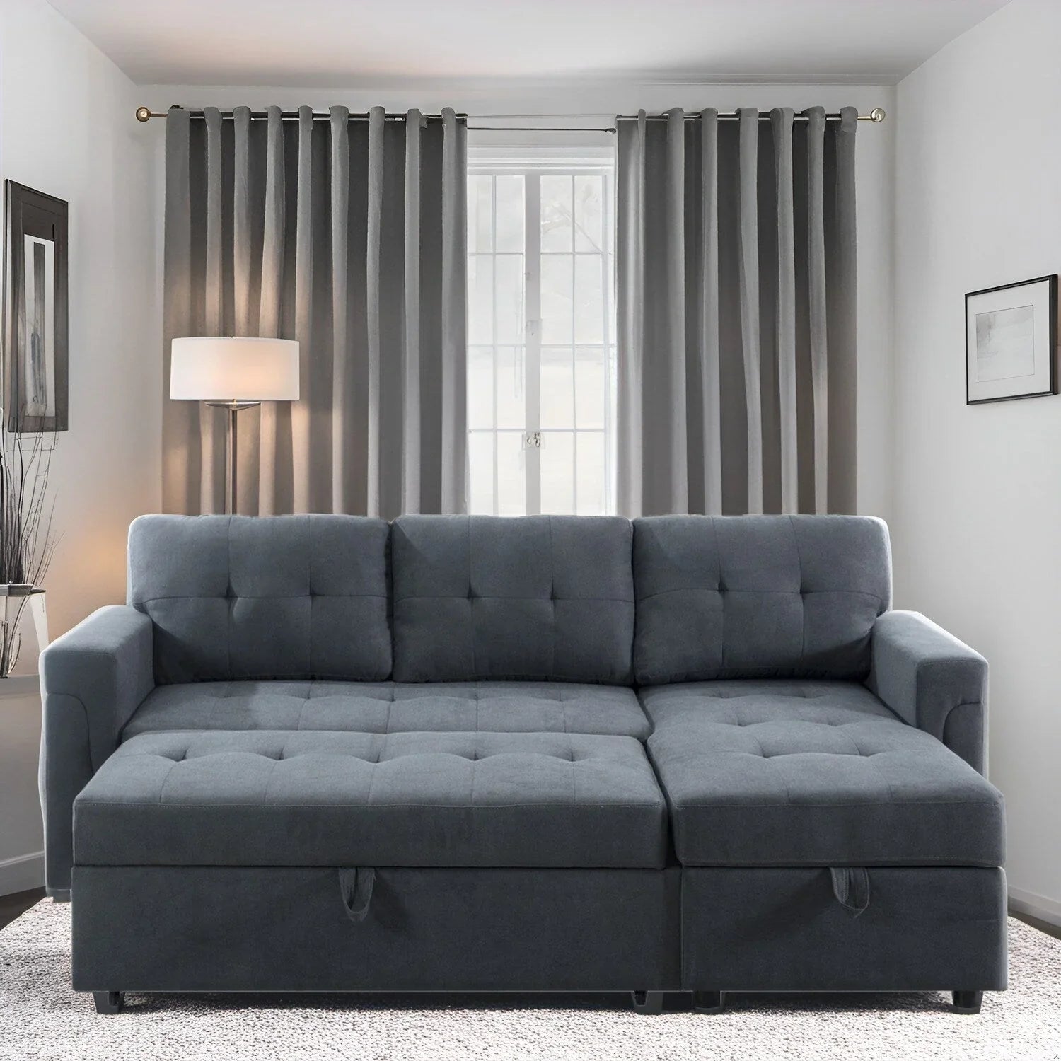 Canapé sectionnel réversible avec lit escamotable, méridienne de rangement dissimulée, pieds durables,