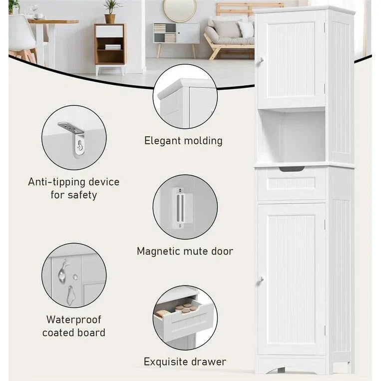 Meuble de salle de bain haut 67 H, tour à linge étroite, meuble de rangement avec 2 portes et tiroir