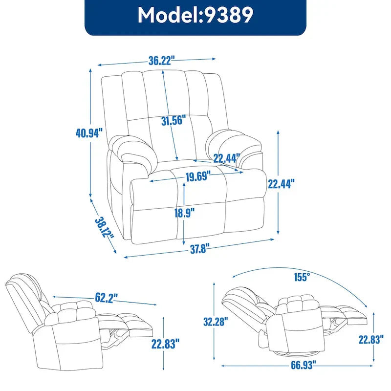 Fauteuil Inclinable Pivotant à Bascule en Tissu Lazy Boy, Grand Fauteuil Inclinable Manuel Surdimensionné avec Accoudoirs Matelassés et Dossier à Coussin