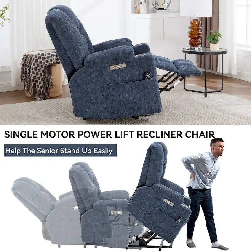 Fauteuil releveur électrique avec massage et chauffage, fauteuils inclinables larges rembourrés Lazy Boy avec USB, ports Type C et 2 porte-gobelets en acier