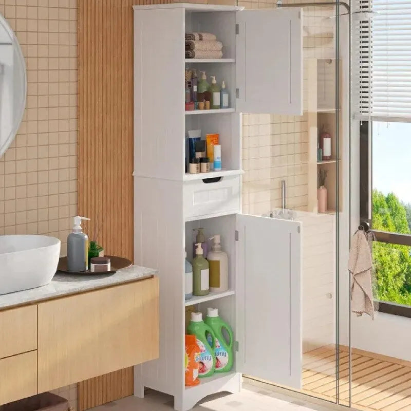 Meuble de salle de bain haut 67 H, tour à linge étroite, meuble de rangement avec 2 portes et tiroir