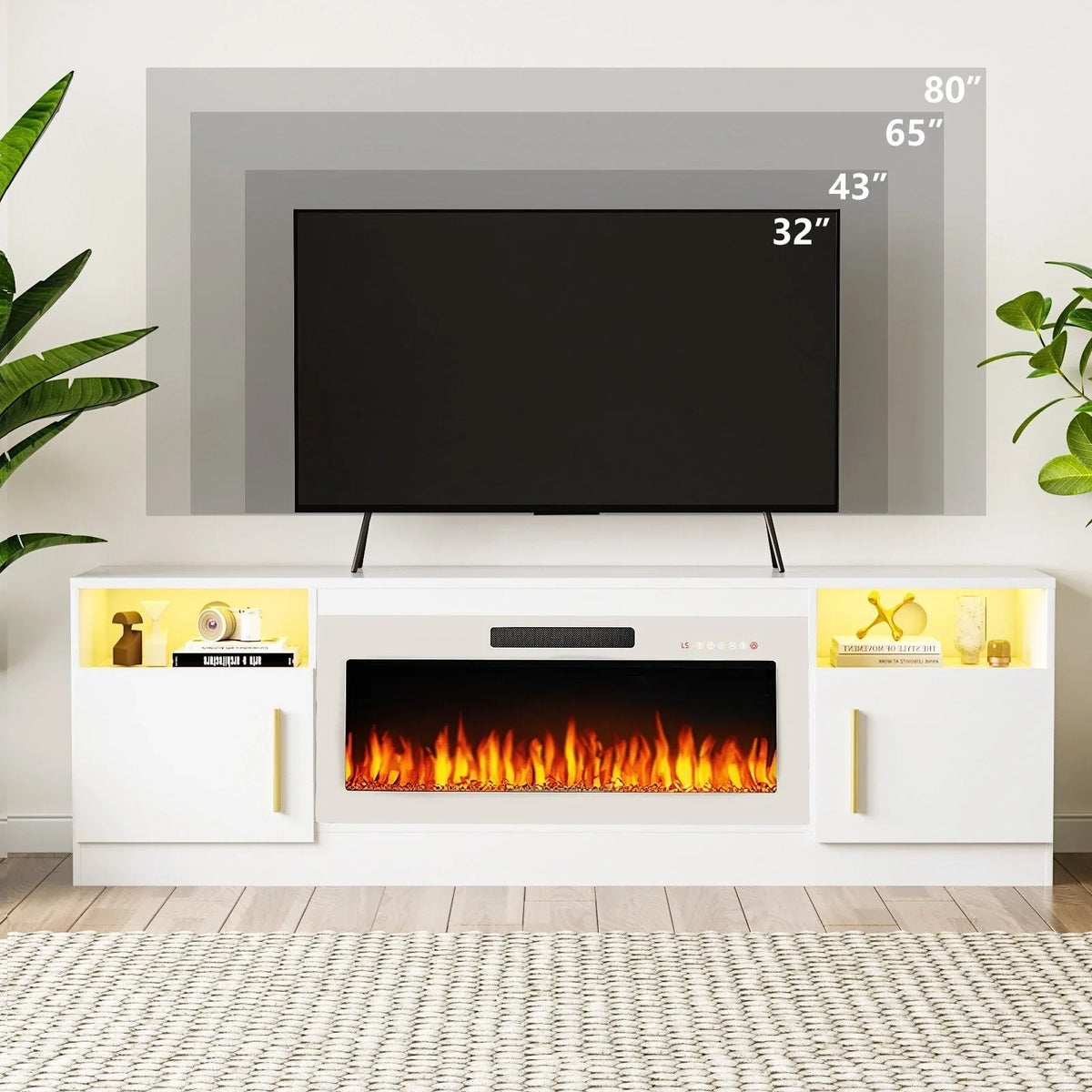Bossin Meuble TV avec foyer 70 avec foyer électrique 36, meuble TV pour téléviseurs jusqu'à 80, LED 16 couleurs/meuble de divertissement