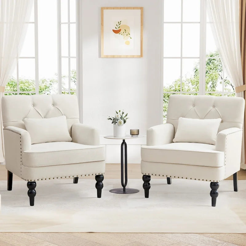 Lot de 2 fauteuils rembourrés avec boutons touffetés et oreiller lombaire beige/gris/bleu clair
