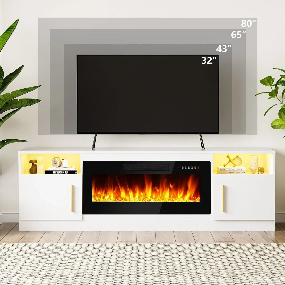 Bossin Meuble TV avec foyer 70 avec foyer électrique 36, meuble TV pour téléviseurs jusqu'à 80, LED 16 couleurs/meuble de divertissement